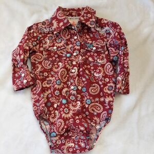 Infant Cowgirl Hardware  Long Sleeve Romper/Western Shirt Paisley Maroon 6M